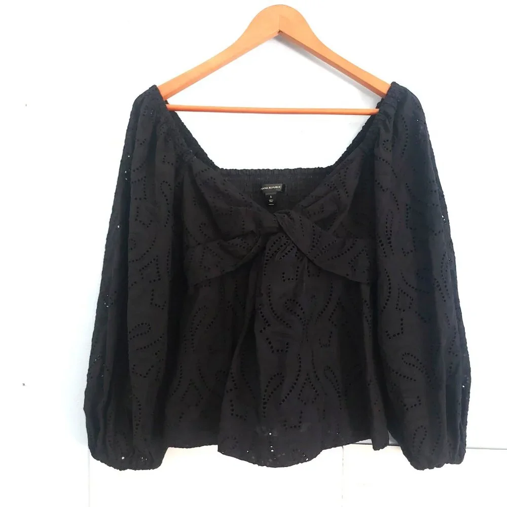 BANANA REPUBLIC Black Top S Sweetheart Neck 3/4 Sleeve Cotton Flirty EUC - Picture 5 of 13